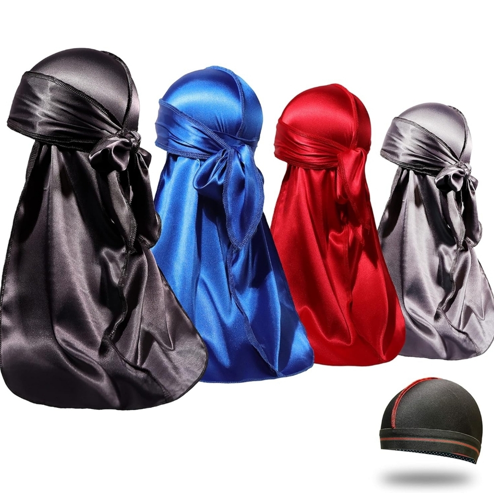 Satin Durag Set in Black, Blue, Red, and White.